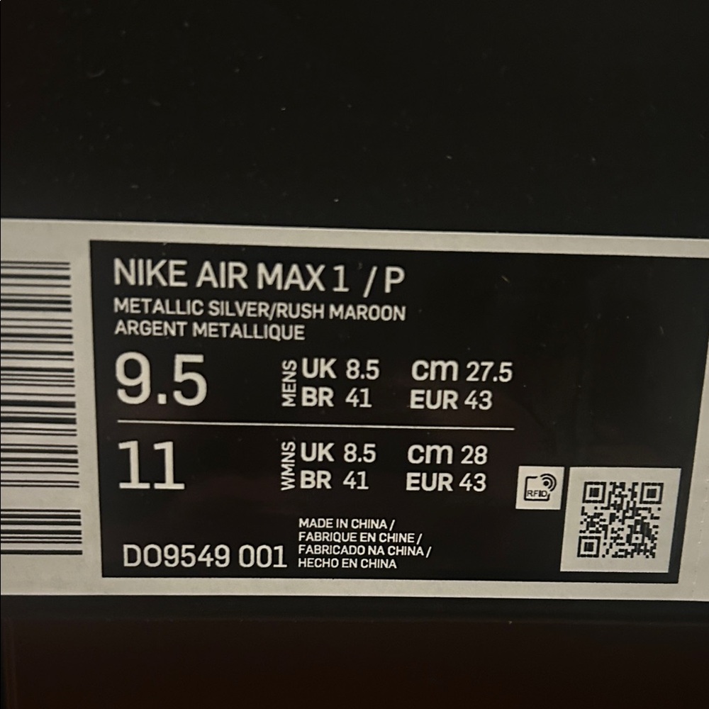Nike Air Max 1 Metallic Silver and Maroon
